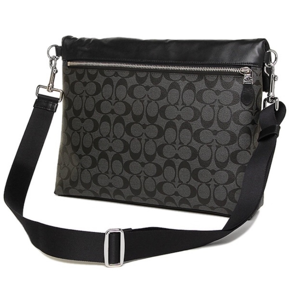 Mens Coach Charles Foldover Tote Black Leather Messenger Tote New - Picture 6 of 10
